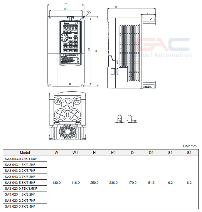 Bản vẽ minh họa biến tần Shihlin SA3-043-0.75K/1.5KF