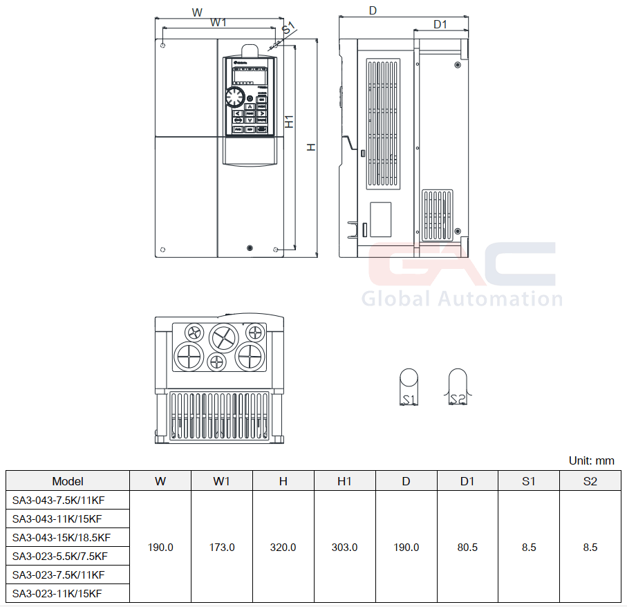 Bản vẽ mô tả Biến tần Shihlin SA3-043-7.5K/11KF 3 Pha 380V