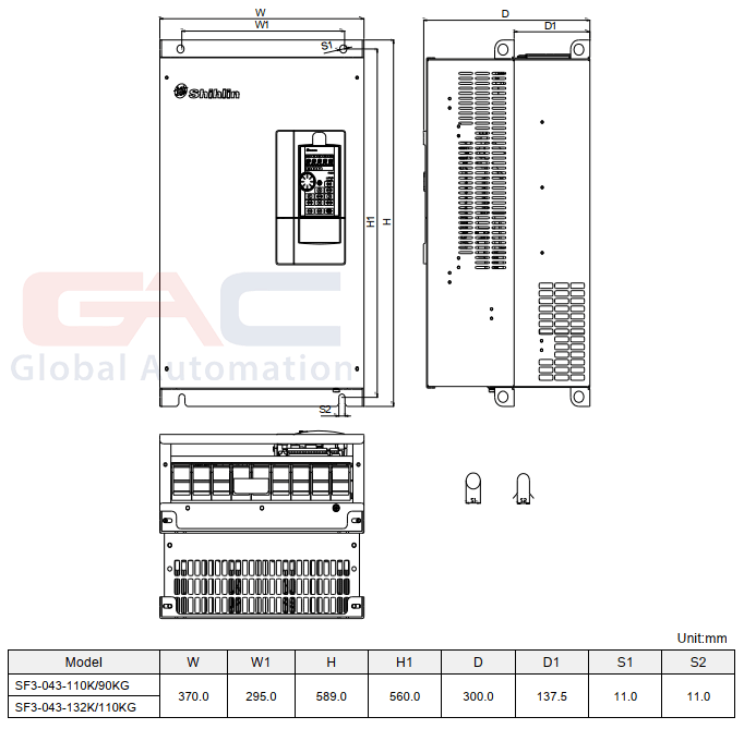 Bản vẽ Biến tần Shihlin SF3-043-132K/110KG 3 Pha 380V