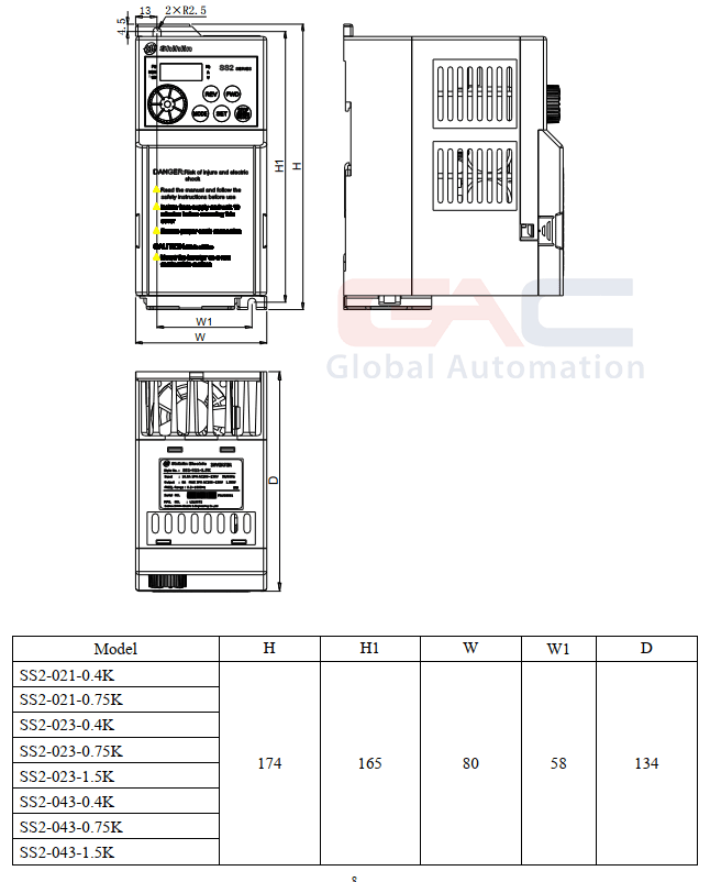 Bản vẽ phác họa của biến tần Shihlin SS2-043-1.5K