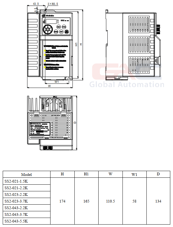 Bản vẽ phác họa biến tần Shihlin SS2-021-1.5K 1 Pha 220V