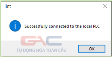 Xuất hiện cửa sổ thông báo đã kết nối thành công với PLC