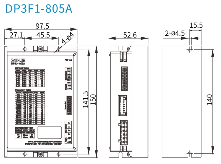 Kích thước bộ điều khiển động cơ bước Xinje DP3F1-805A