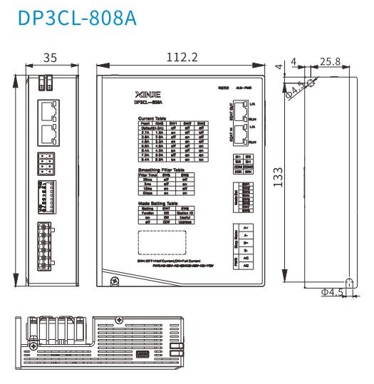 Kích thước bộ điều khiển động cơ bước Xinje DP3CL-808A