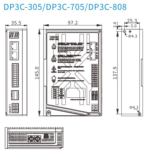 Kích thước bộ điều khiển động cơ bước Xinje DP3C-705