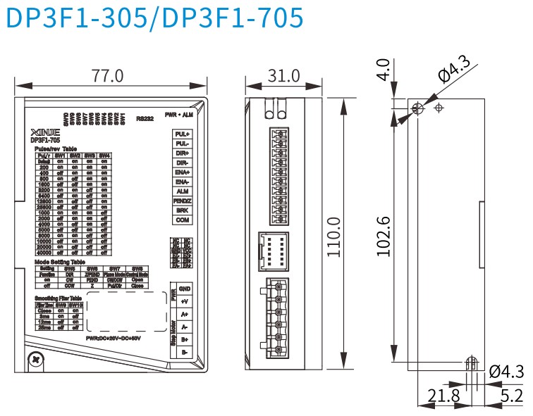 Kích thước bộ điều khiển động cơ bước Xinje DP3F1-705