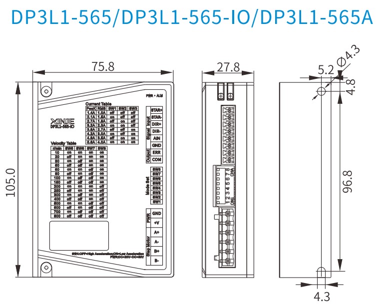 Kích thước Bộ động cơ bước Xinje size 57mm 3Nm vòng hở điều khiển xung - hướng